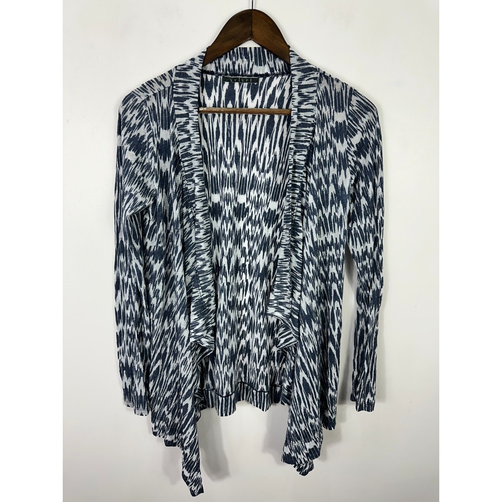 Velvet Cardigan Womens Petite P Blue Abstract Ikat Print‎ Open Front Draped Knit